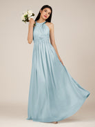 KissDress-Orinthia Sky Blue A Line Halter Neck Chiffon Long Bridesmaid Dress with Pleats