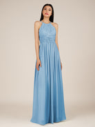 KissDress-Orinthia Steel Blue A Line Halter Neck Chiffon Long Bridesmaid Dress with Pleats