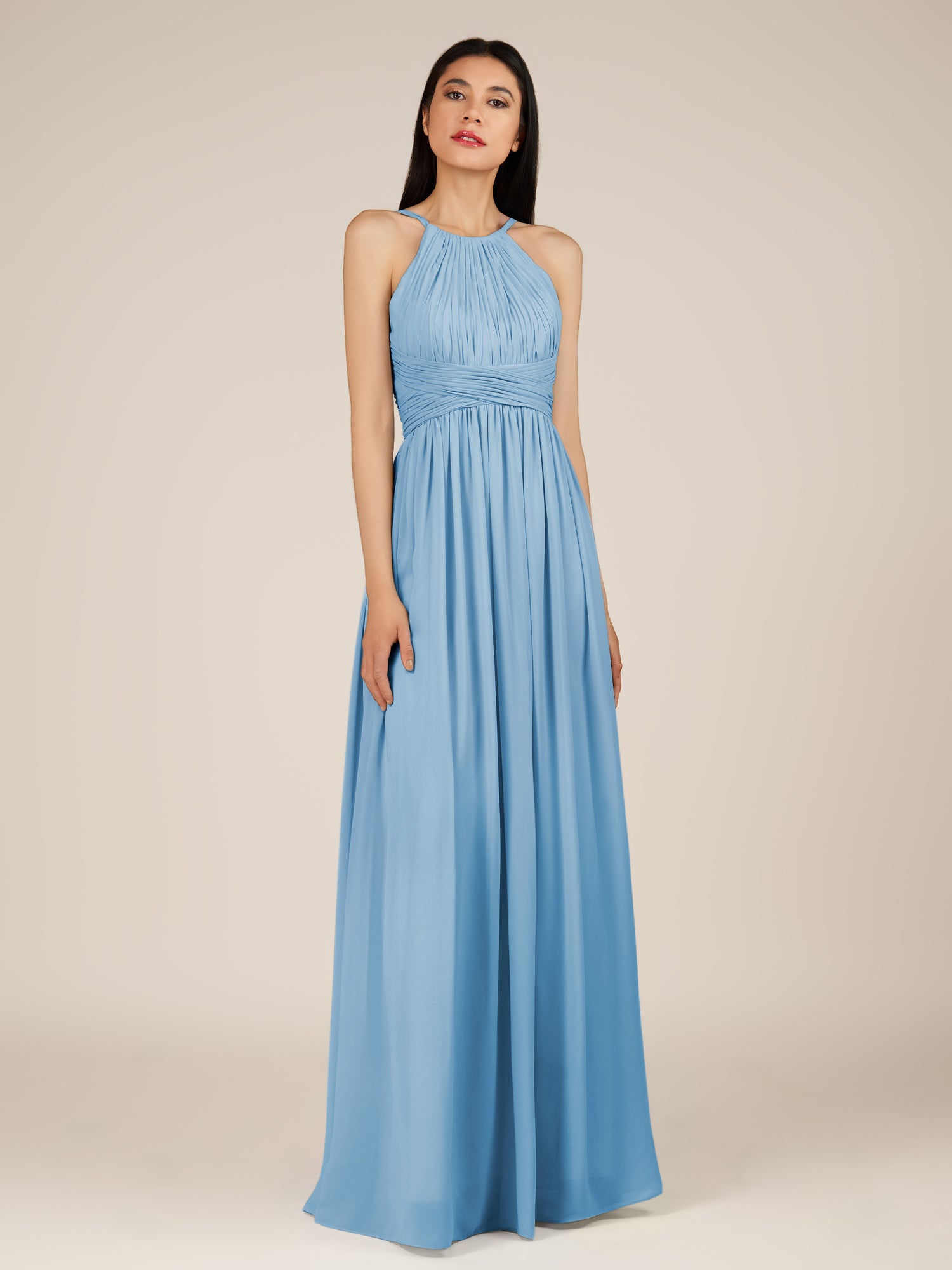 KissDress-Orinthia Steel Blue A Line Halter Neck Chiffon Long Bridesmaid Dress with Pleats