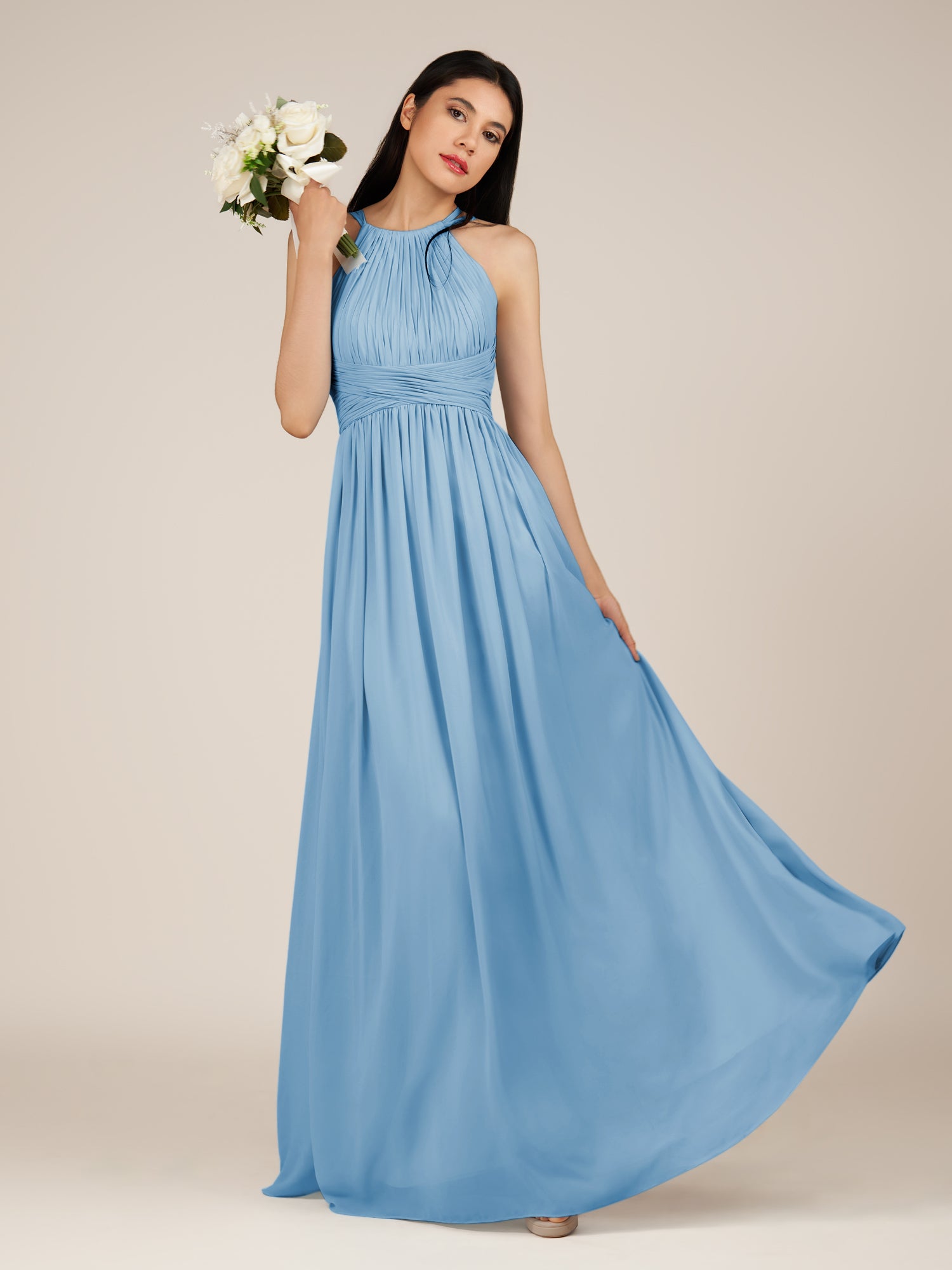 KissDress-Orinthia Steel Blue A Line Halter Neck Chiffon Long Bridesmaid Dress with Pleats