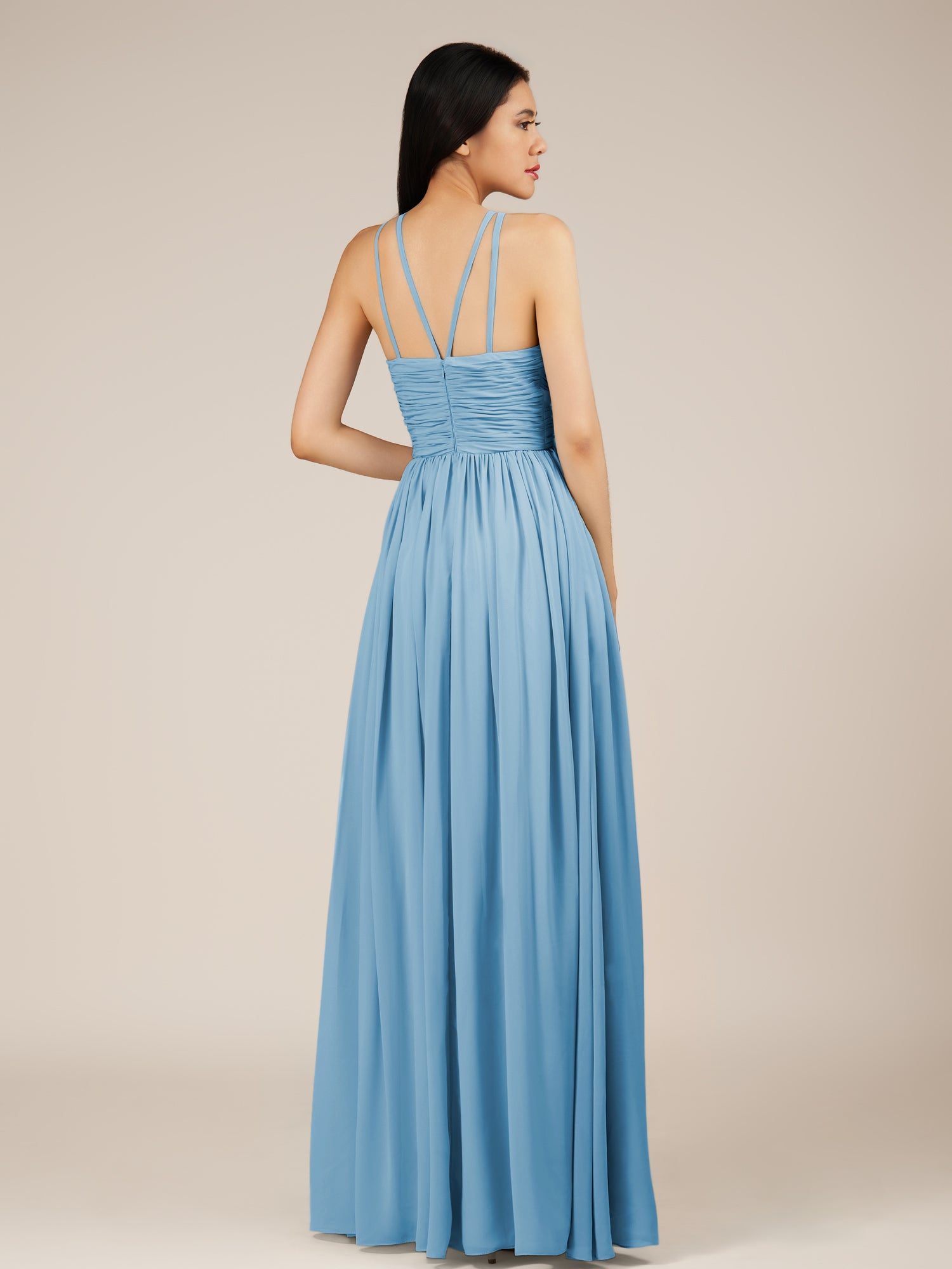 KissDress-Orinthia Steel Blue A Line Halter Neck Chiffon Long Bridesmaid Dress with Pleats