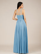 KissDress-Orinthia Steel Blue A Line Halter Neck Chiffon Long Bridesmaid Dress with Pleats