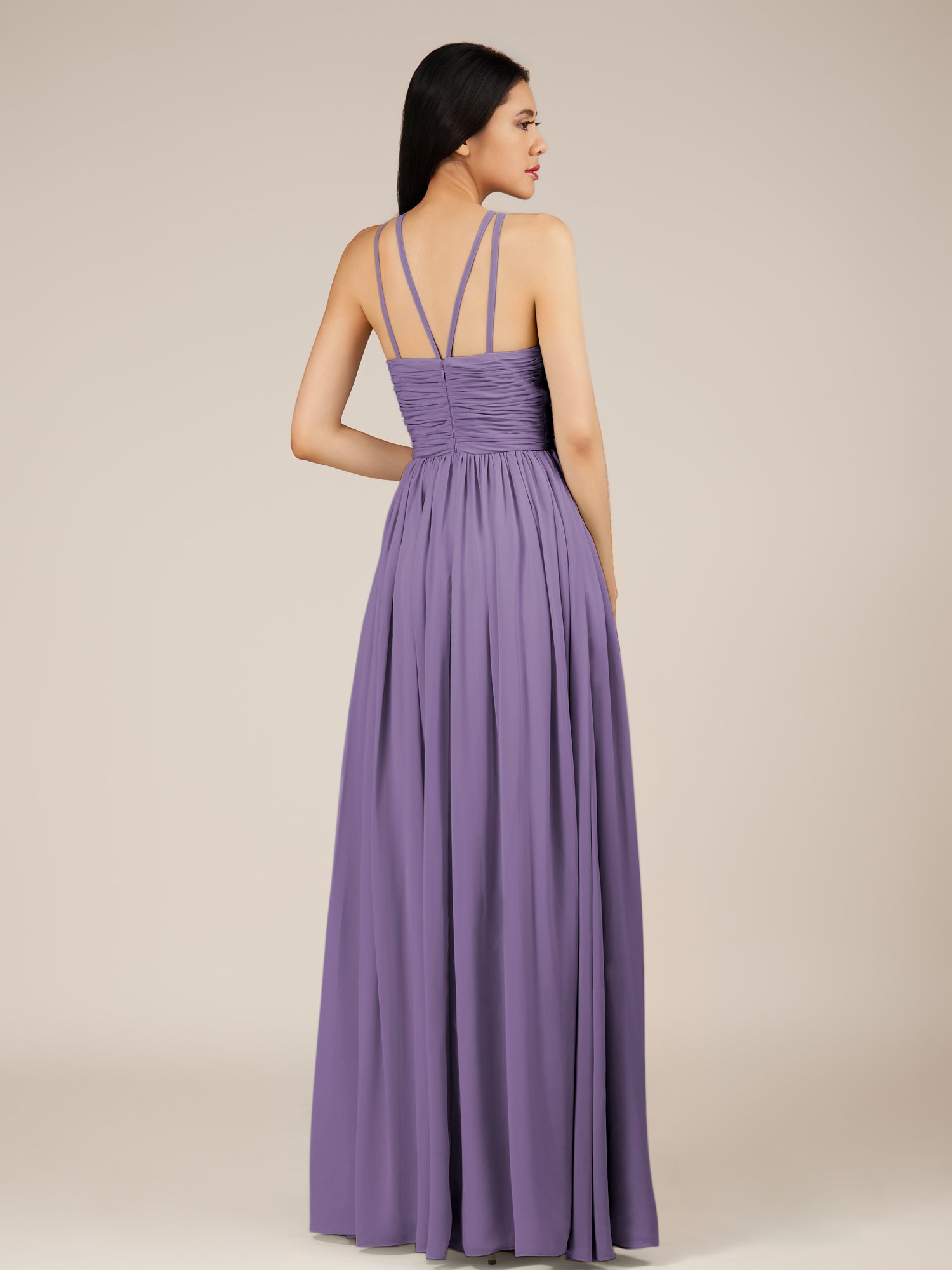 KissDress-Orinthia Tahiti A Line Halter Neck Chiffon Long Bridesmaid Dress with Pleats