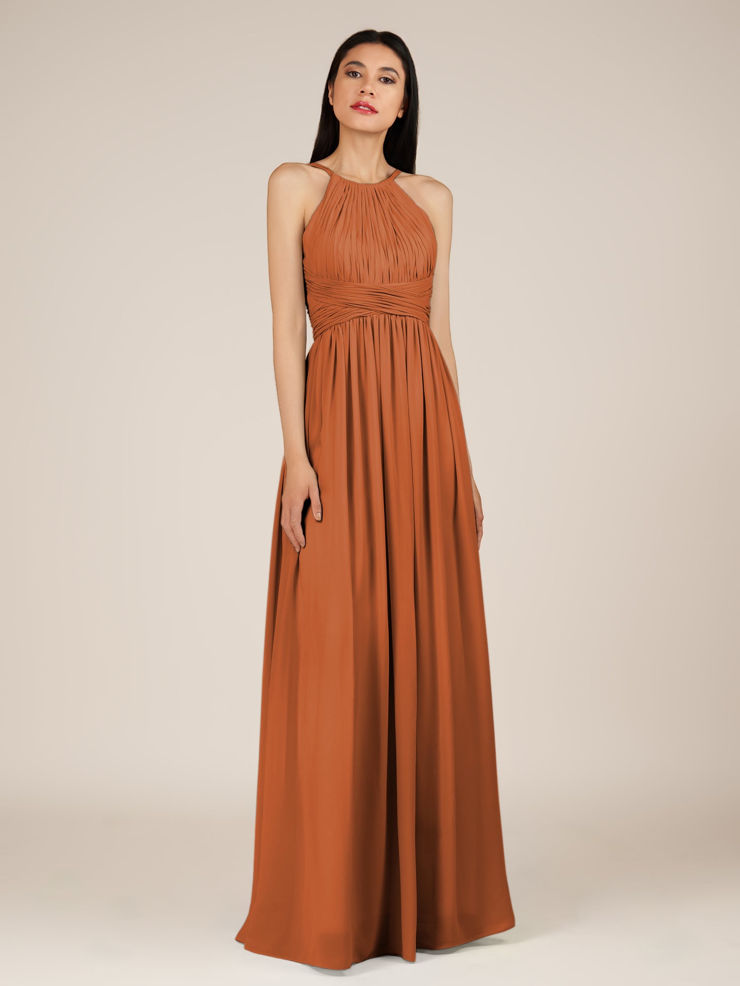 KissDress-Orinthia Terracotta A Line Halter Neck Chiffon Long Bridesmaid Dress with Pleats