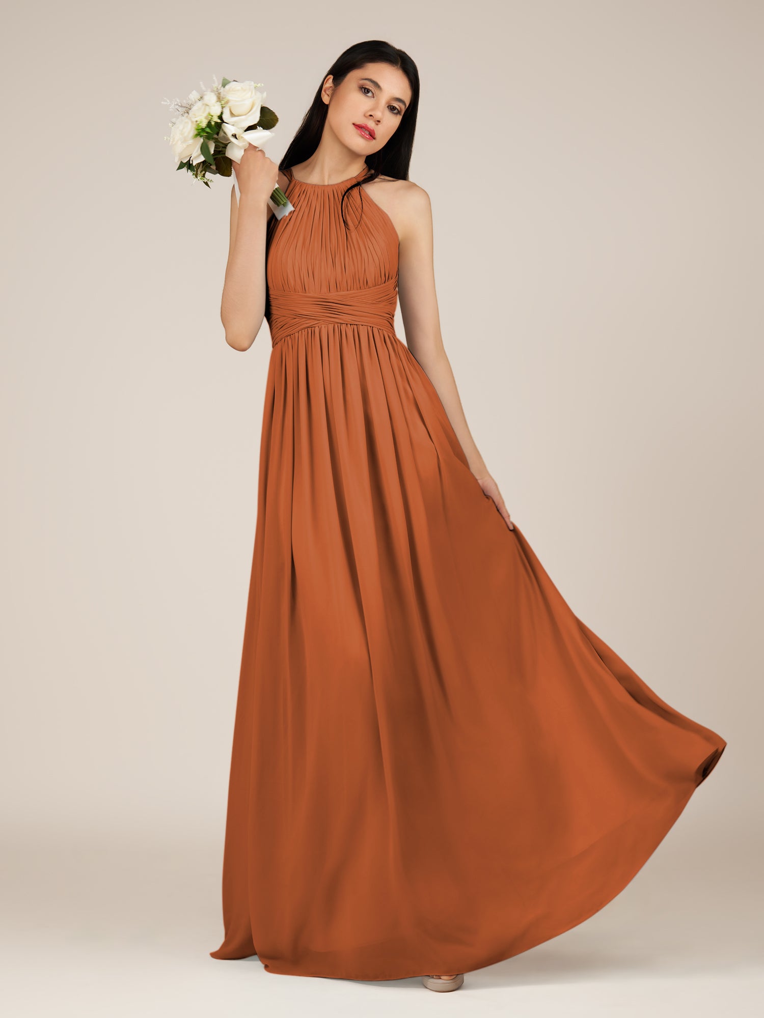 KissDress-Orinthia Terracotta A Line Halter Neck Chiffon Long Bridesmaid Dress with Pleats