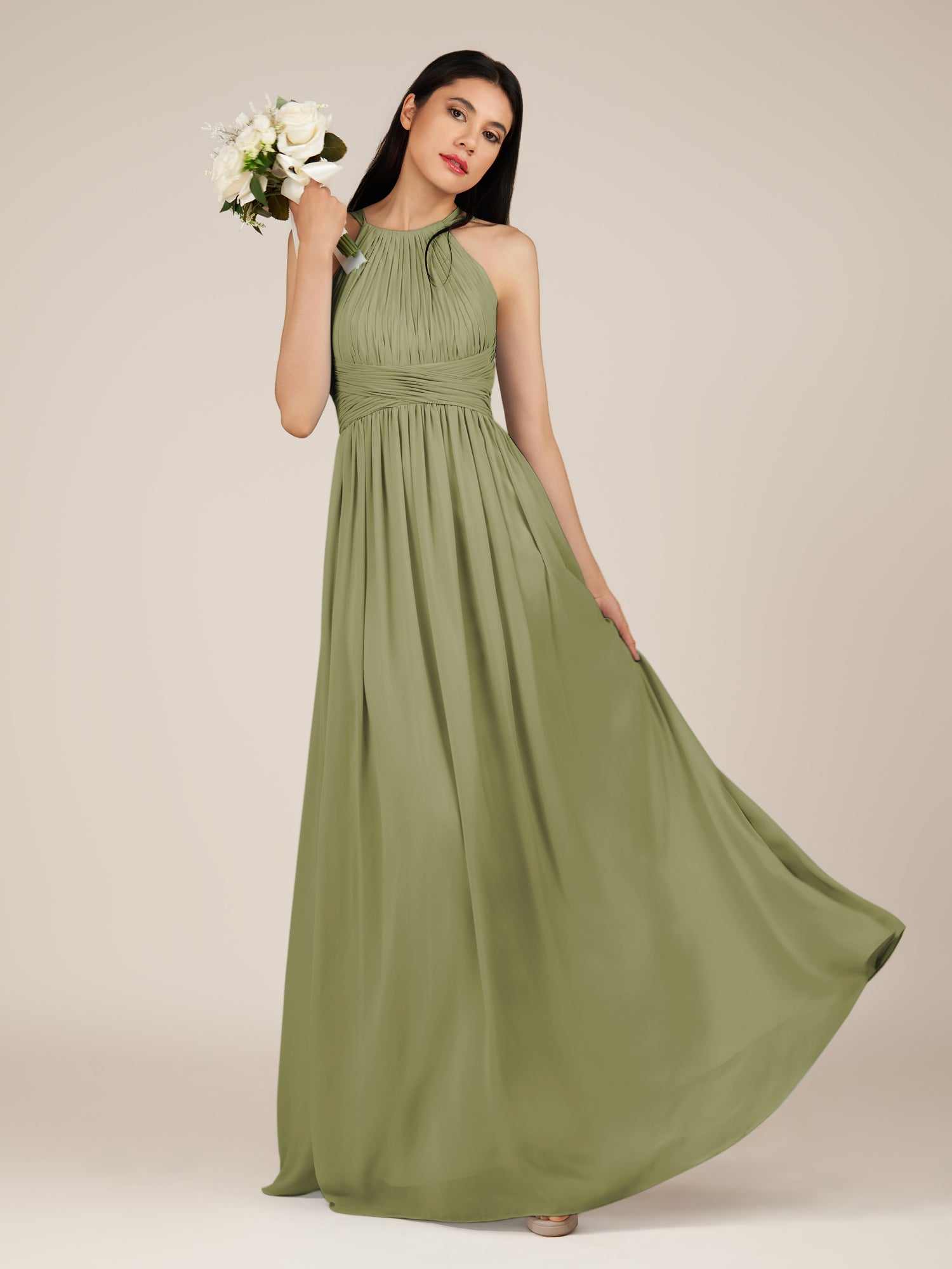 KissDress-Orinthia Thyme A Line Halter Neck Chiffon Long Bridesmaid Dress with Pleats