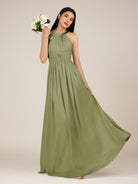 KissDress-Orinthia Thyme A Line Halter Neck Chiffon Long Bridesmaid Dress with Pleats