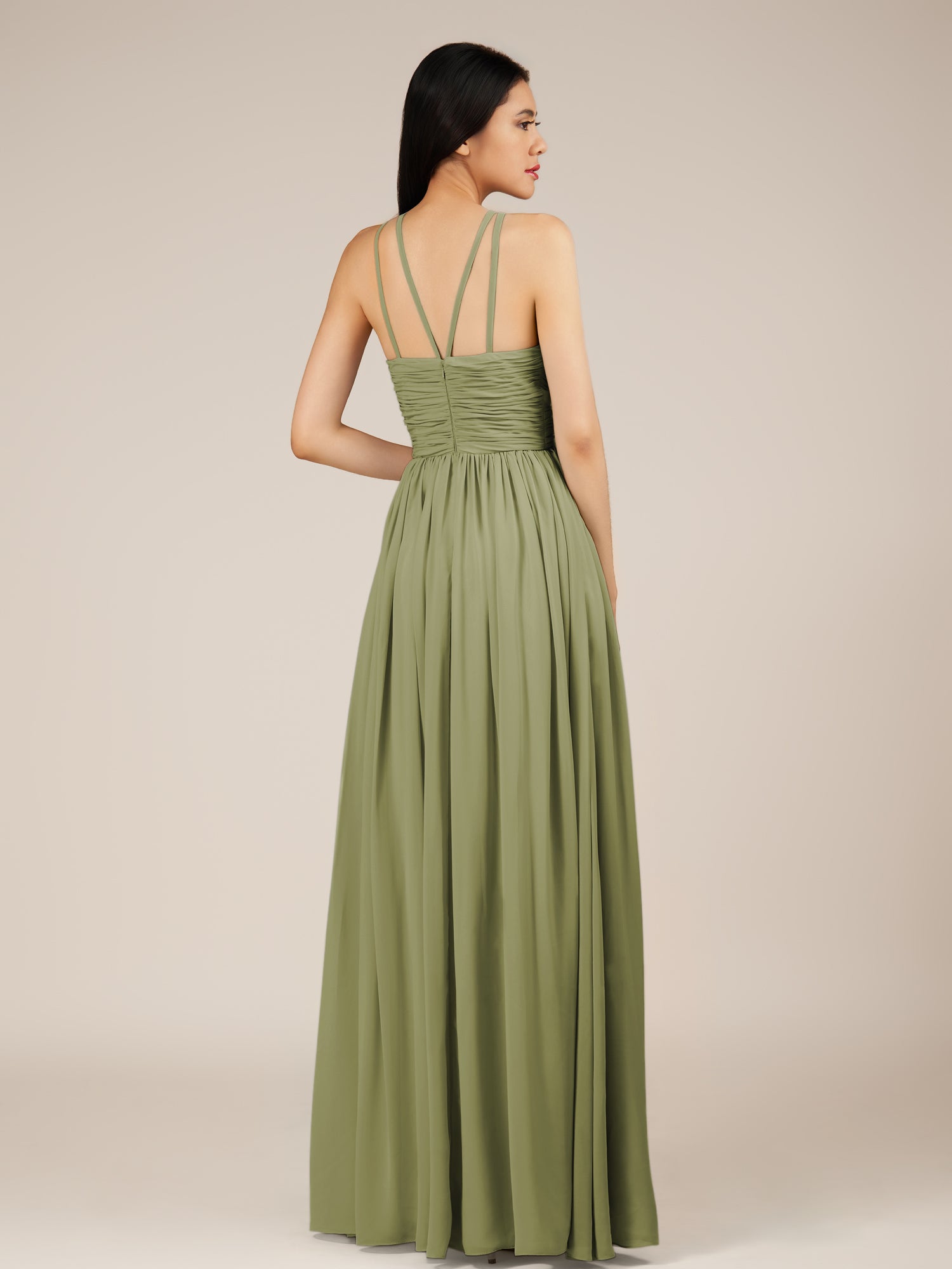 KissDress-Orinthia Thyme A Line Halter Neck Chiffon Long Bridesmaid Dress with Pleats