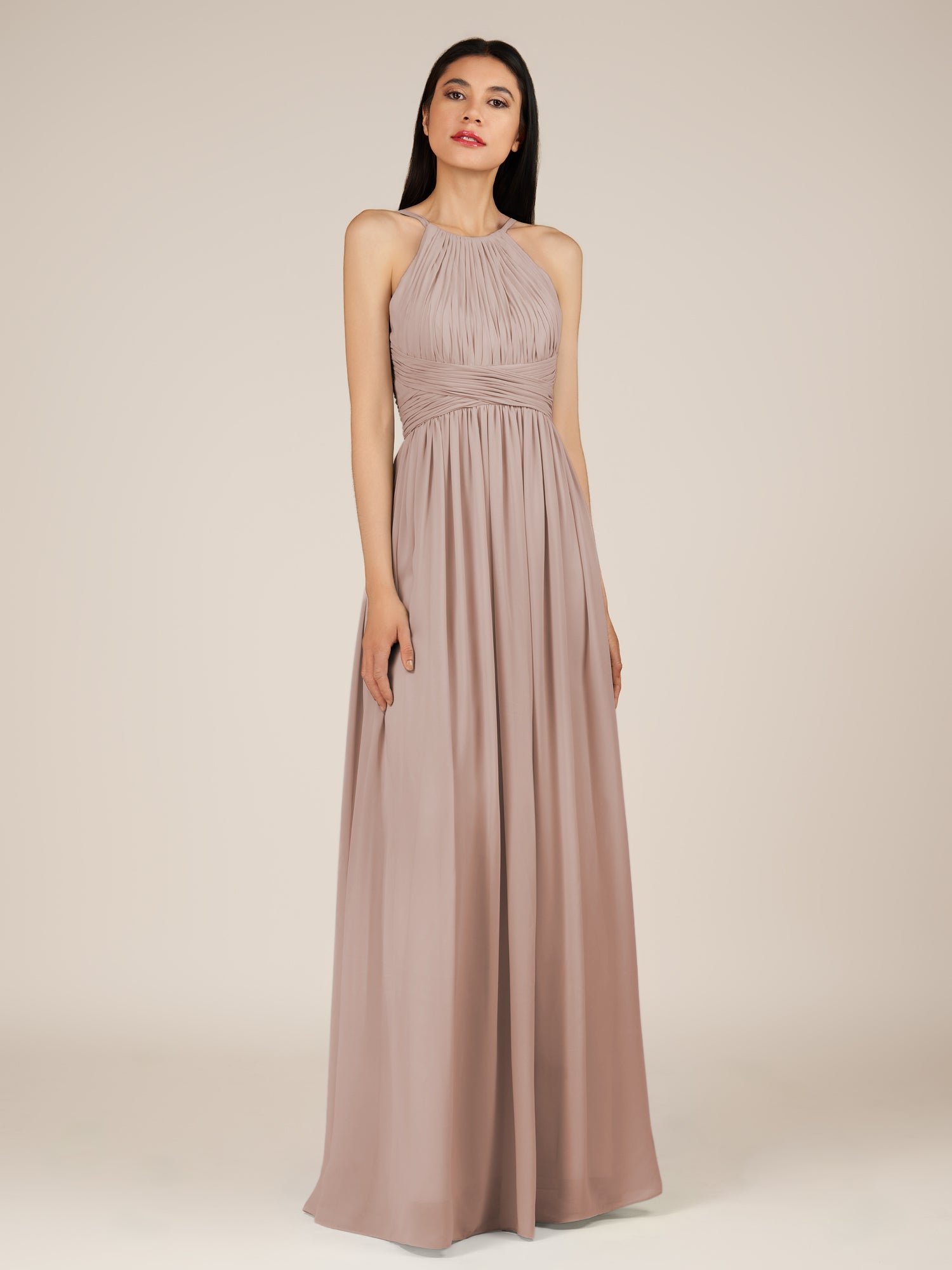KissDress-Orinthia Toffee A Line Halter Neck Chiffon Long Bridesmaid Dress with Pleats