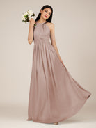 KissDress-Orinthia Toffee A Line Halter Neck Chiffon Long Bridesmaid Dress with Pleats