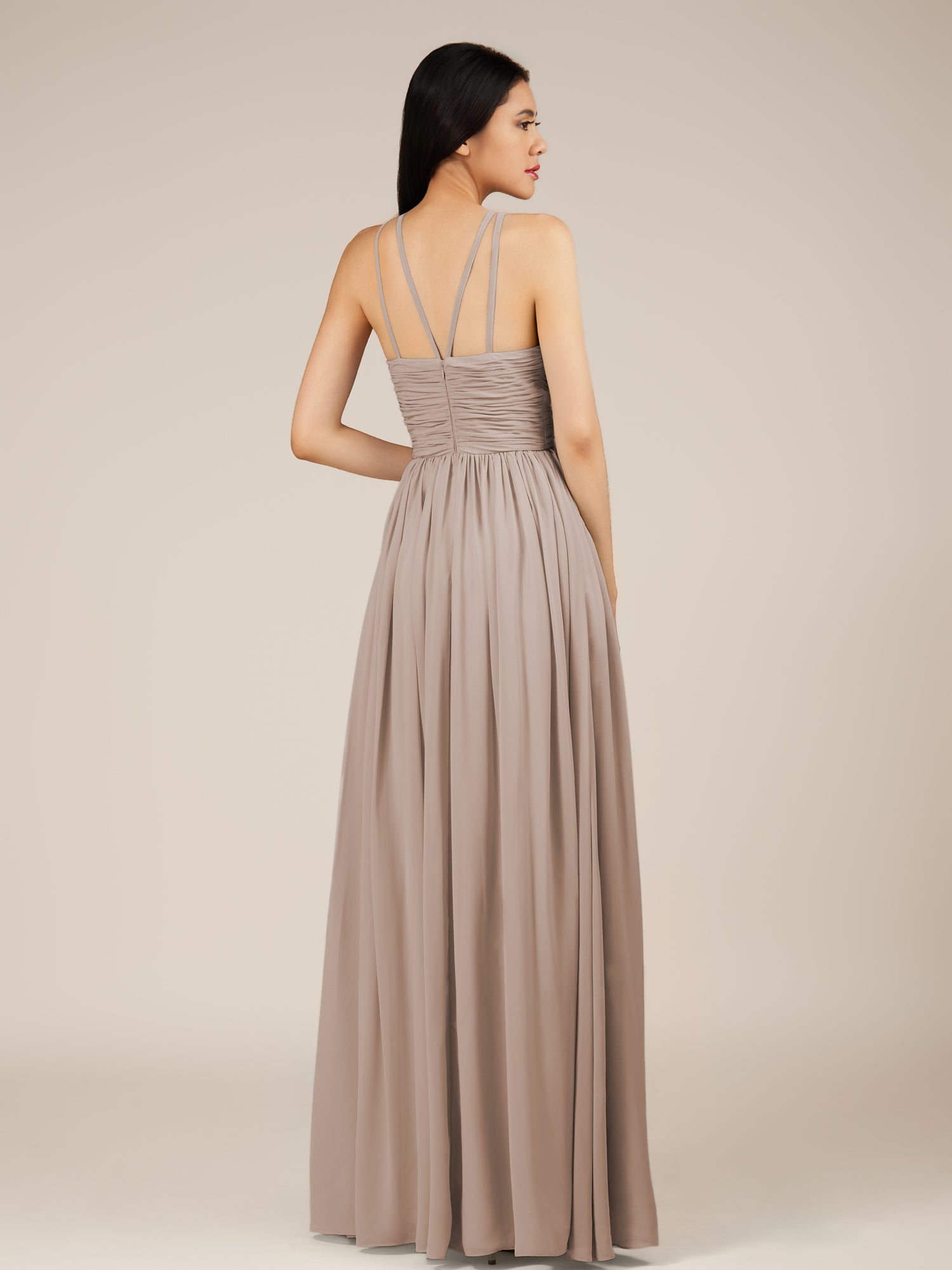 KissDress-Orinthia Toffee A Line Halter Neck Chiffon Long Bridesmaid Dress with Pleats