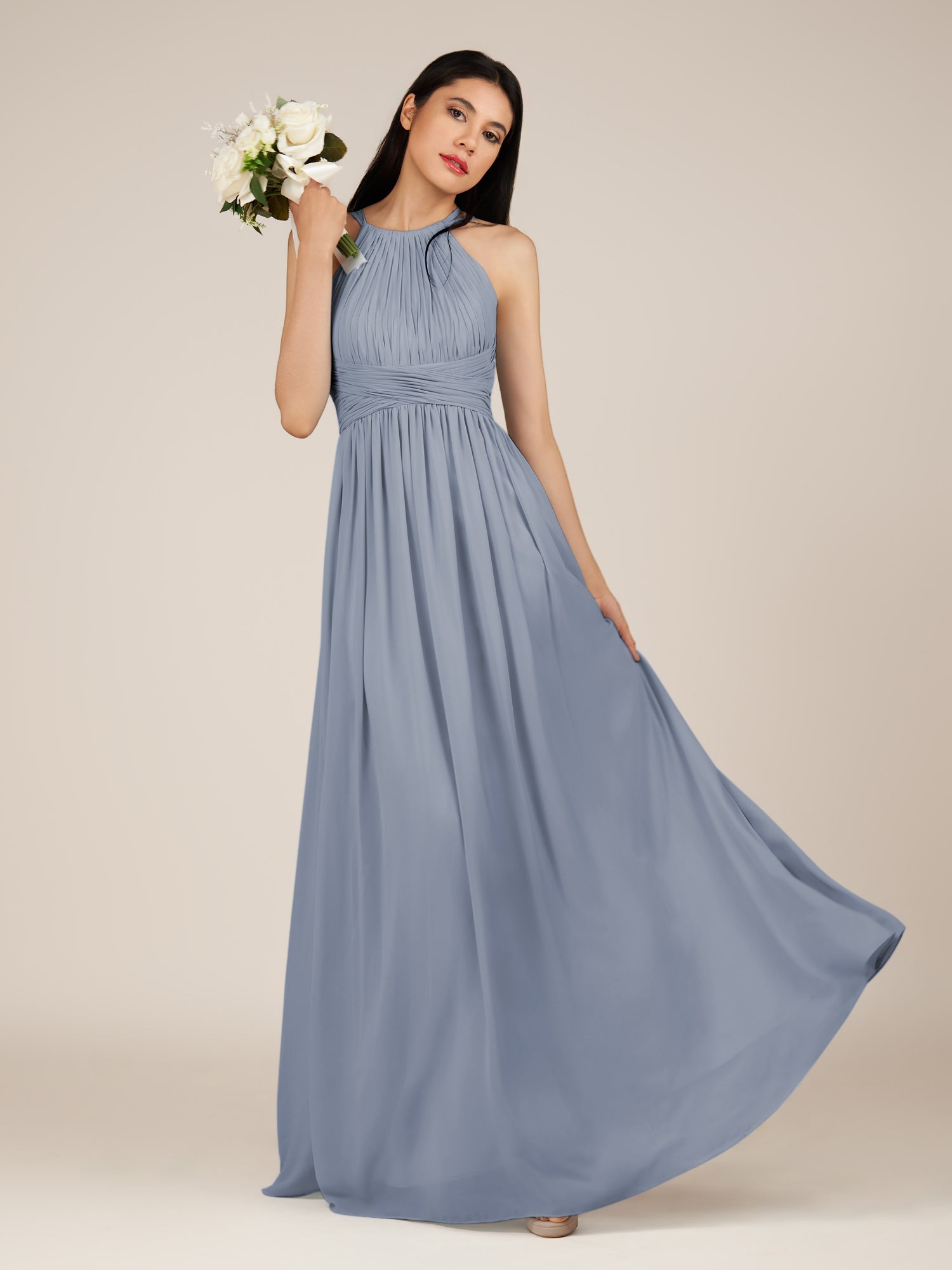 KissDress-Orinthia Twilight A Line Halter Neck Chiffon Long Bridesmaid Dress with Pleats