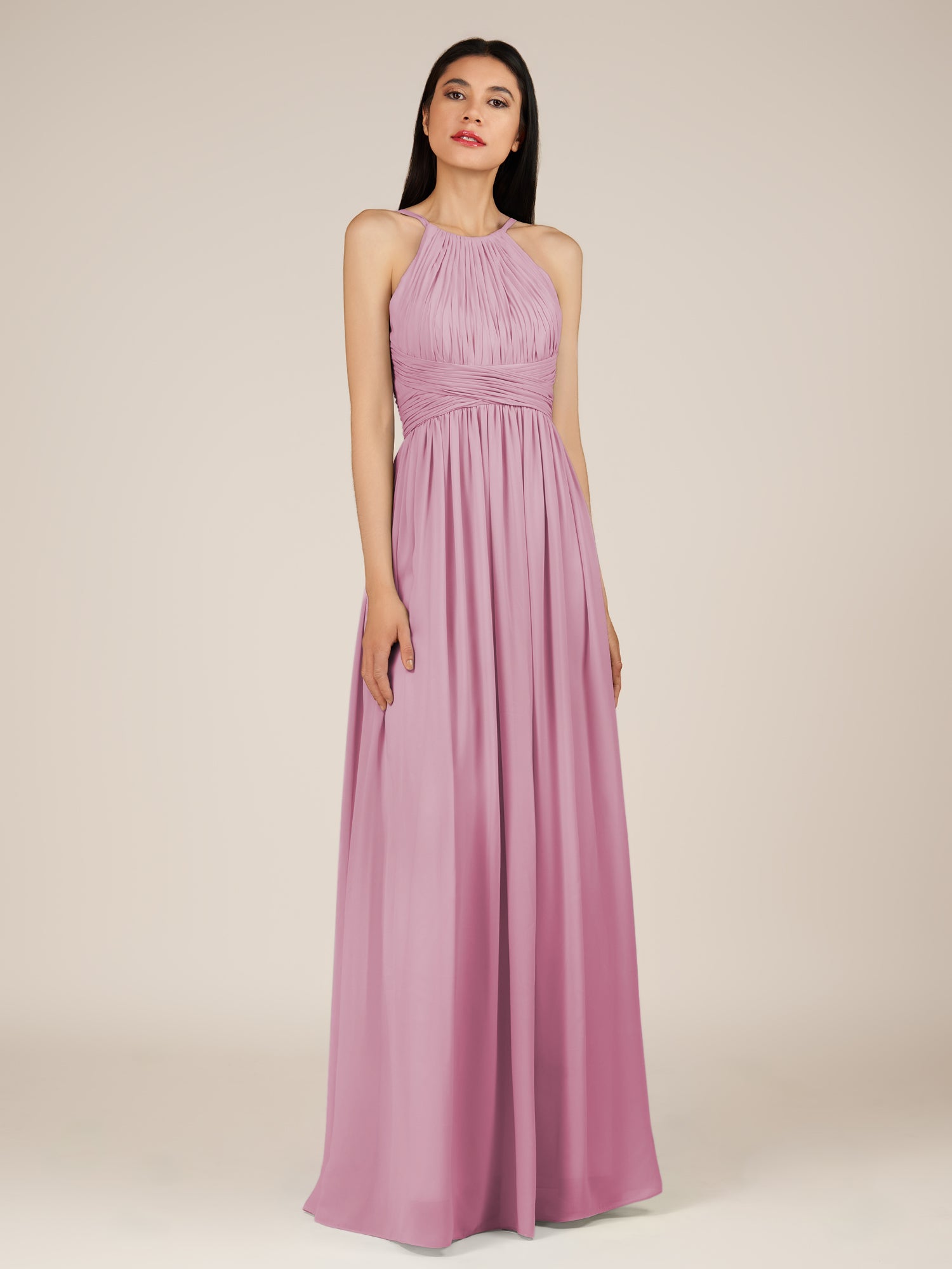 KissDress-Orinthia Vintage Mauve A Line Halter Neck Chiffon Long Bridesmaid Dress with Pleats