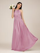 KissDress-Orinthia Vintage Mauve A Line Halter Neck Chiffon Long Bridesmaid Dress with Pleats