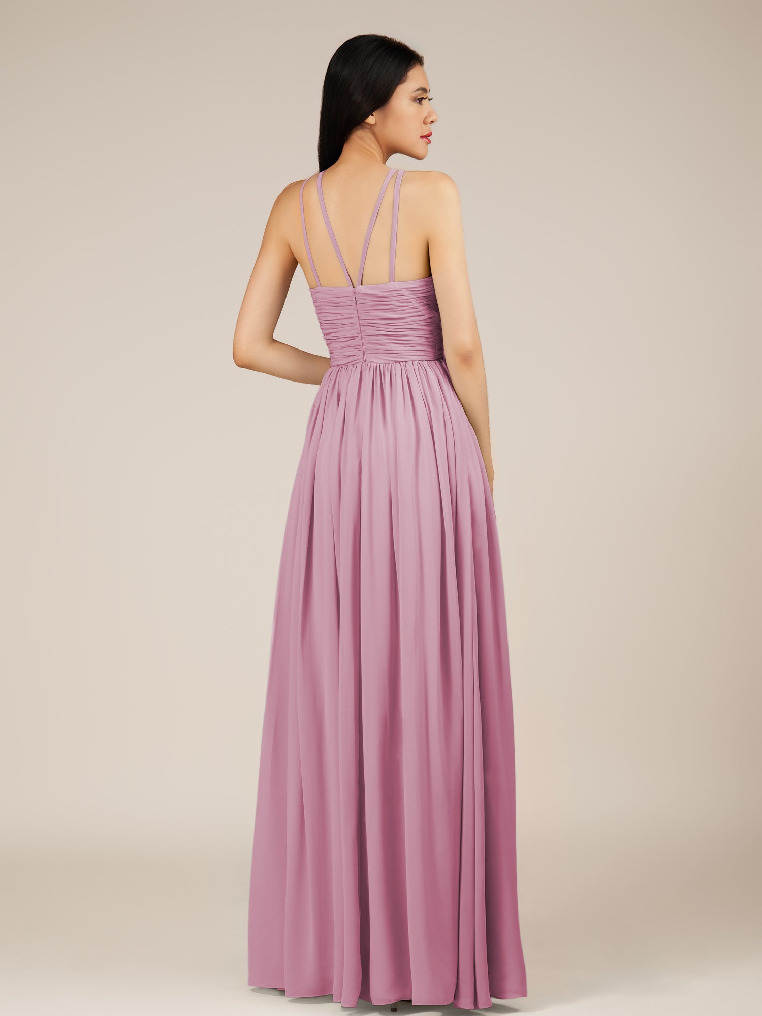 KissDress-Orinthia Vintage Mauve A Line Halter Neck Chiffon Long Bridesmaid Dress with Pleats