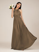 KissDress-Orinthia Willow Green A Line Halter Neck Chiffon Long Bridesmaid Dress with Pleats