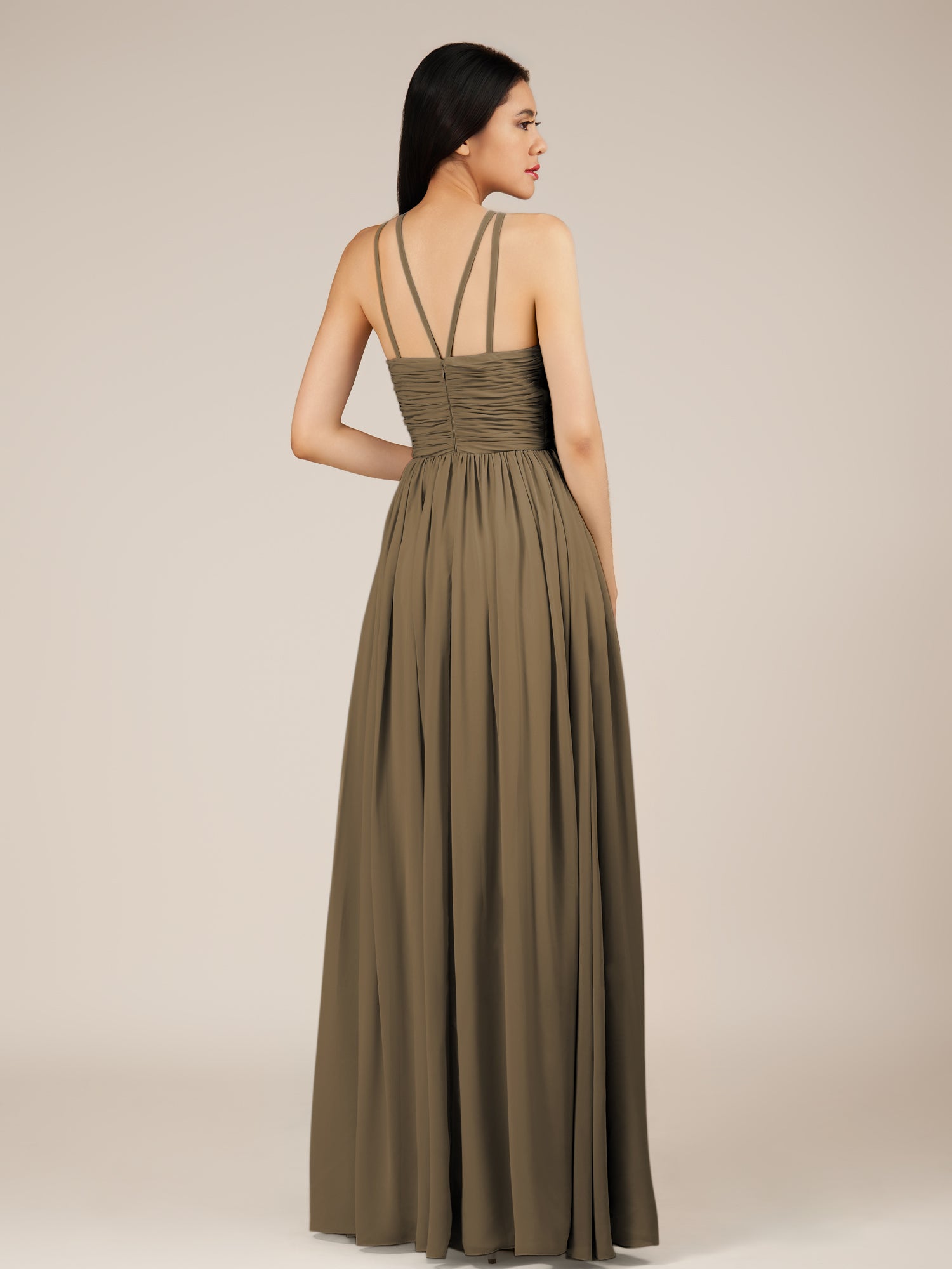 KissDress-Orinthia Willow Green A Line Halter Neck Chiffon Long Bridesmaid Dress with Pleats
