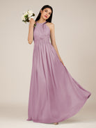 KissDress-Orinthia Wisteria A Line Halter Neck Chiffon Long Bridesmaid Dress with Pleats