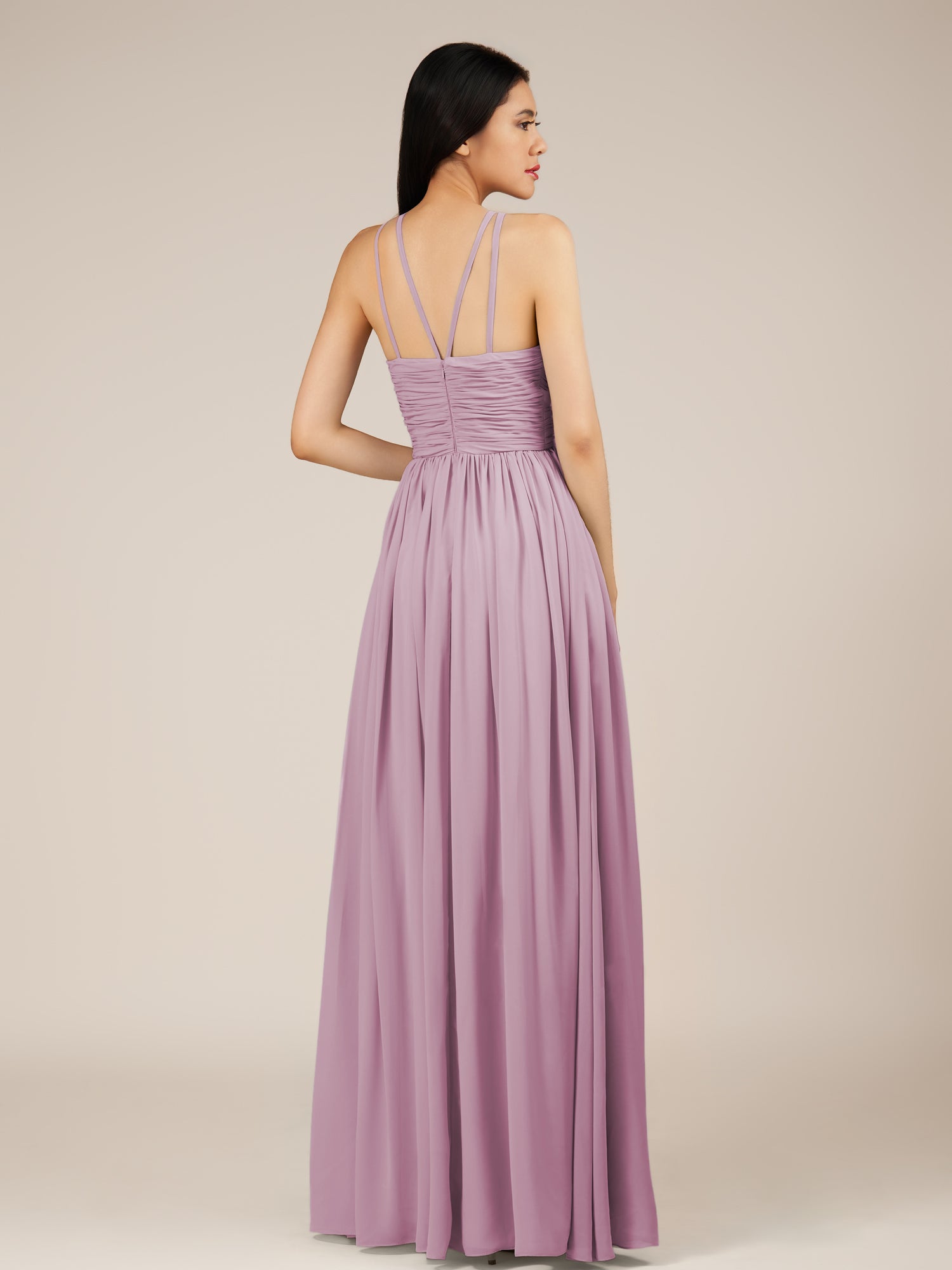 KissDress-Orinthia Wisteria A Line Halter Neck Chiffon Long Bridesmaid Dress with Pleats