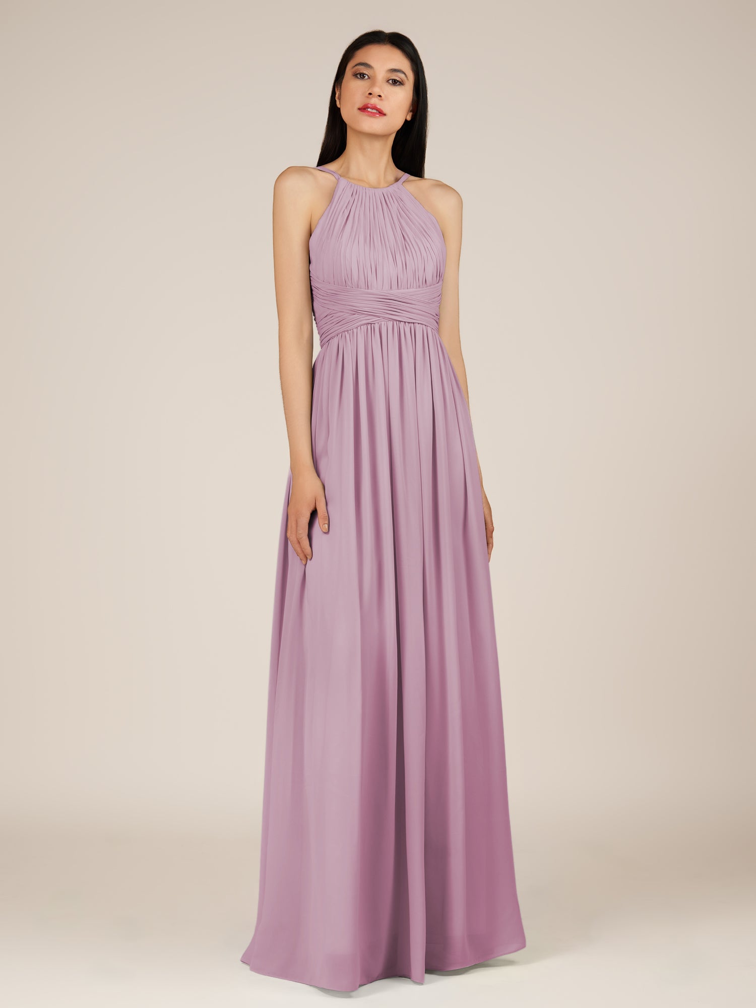 KissDress-Orinthia Wisteria A Line Halter Neck Chiffon Long Bridesmaid Dress with Pleats