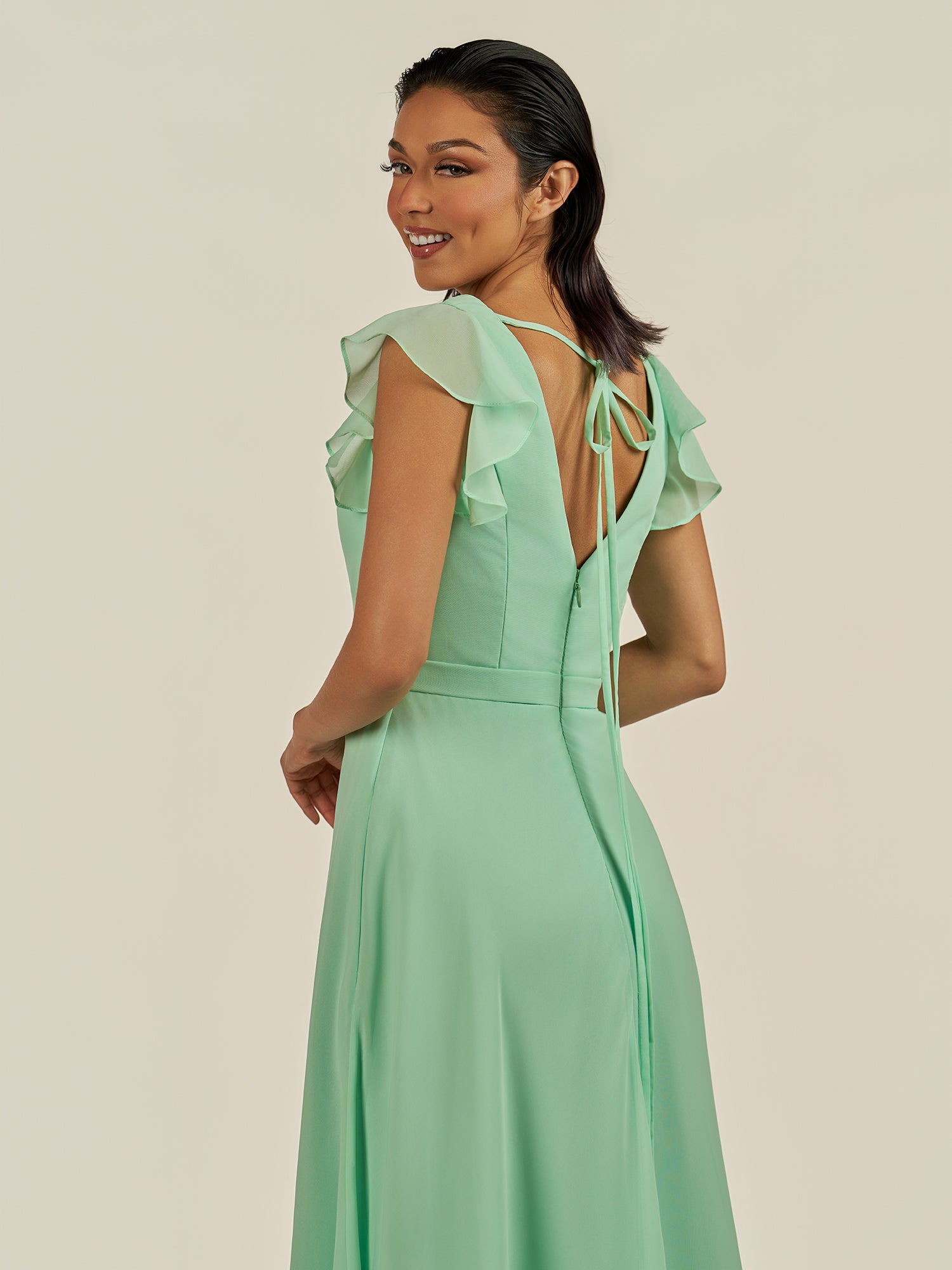 KissDress-Orlina Pale Pistachio A Line Chiffon V Neck Long Bridesmaid Dress with Flutter Sleeves