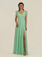 KissDress-Orlina Pale Pistachio A Line Chiffon V Neck Long Bridesmaid Dress with Flutter Sleeves