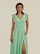 KissDress-Orlina Pale Pistachio A Line Chiffon V Neck Long Bridesmaid Dress with Flutter Sleeves