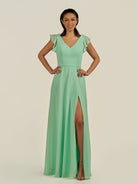 KissDress-Orlina Pale Pistachio A Line Chiffon V Neck Long Bridesmaid Dress with Flutter Sleeves