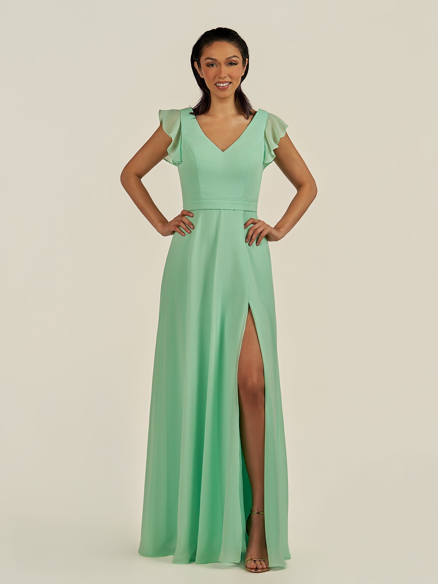 KissDress-Orlina Pale Pistachio A Line Chiffon V Neck Long Bridesmaid Dress with Flutter Sleeves