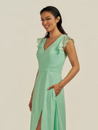 KissDress-Orlina Pale Pistachio A Line Chiffon V Neck Long Bridesmaid Dress with Flutter Sleeves