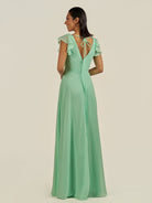 KissDress-Orlina Pale Pistachio A Line Chiffon V Neck Long Bridesmaid Dress with Flutter Sleeves