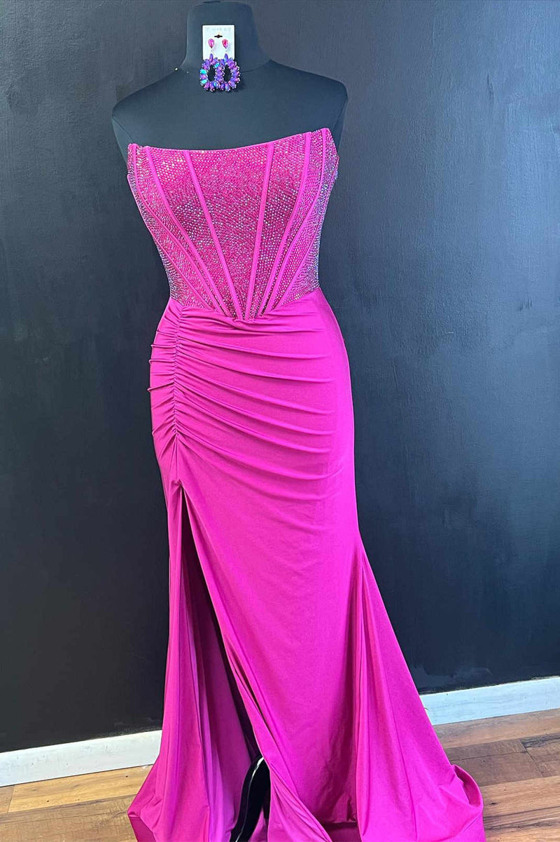 White Mermaid Strapless Satin Long Prom Dresses With Beading