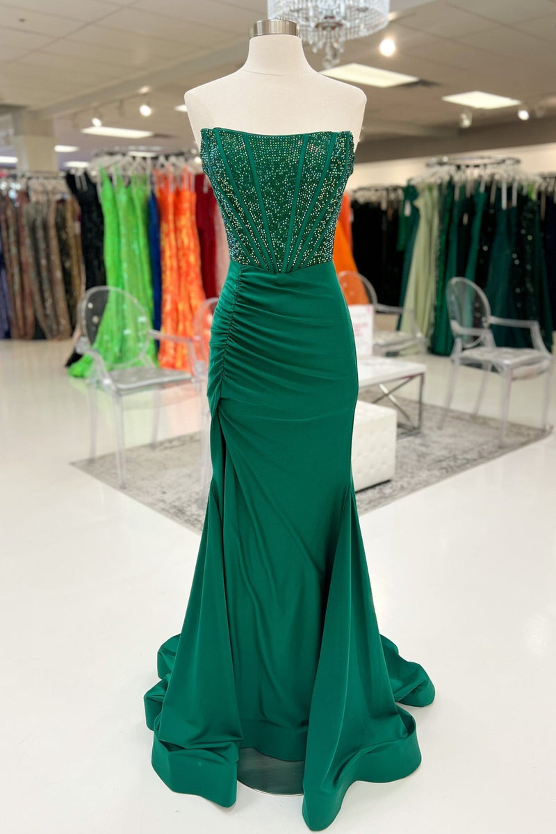 White Mermaid Strapless Satin Long Prom Dresses With Beading