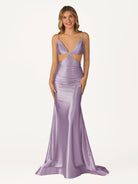 Palmyra | Mermaid V Neck Blue Satin Cut - out Waist Prom Dresses - KissProm