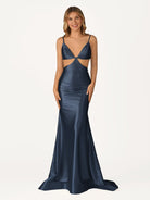Palmyra | Mermaid V Neck Blue Satin Cut - out Waist Prom Dresses - KissProm