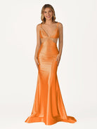 Palmyra | Mermaid V Neck Blue Satin Cut - out Waist Prom Dresses - KissProm