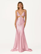 Palmyra | Mermaid V Neck Blue Satin Cut - out Waist Prom Dresses - KissProm