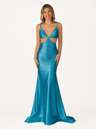 Palmyra | Mermaid V Neck Blue Satin Cut - out Waist Prom Dresses - KissProm