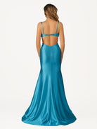 Palmyra | Mermaid V Neck Blue Satin Cut - out Waist Prom Dresses - KissProm