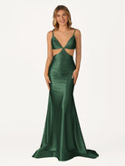 Palmyra | Mermaid V Neck Blue Satin Cut - out Waist Prom Dresses - KissProm