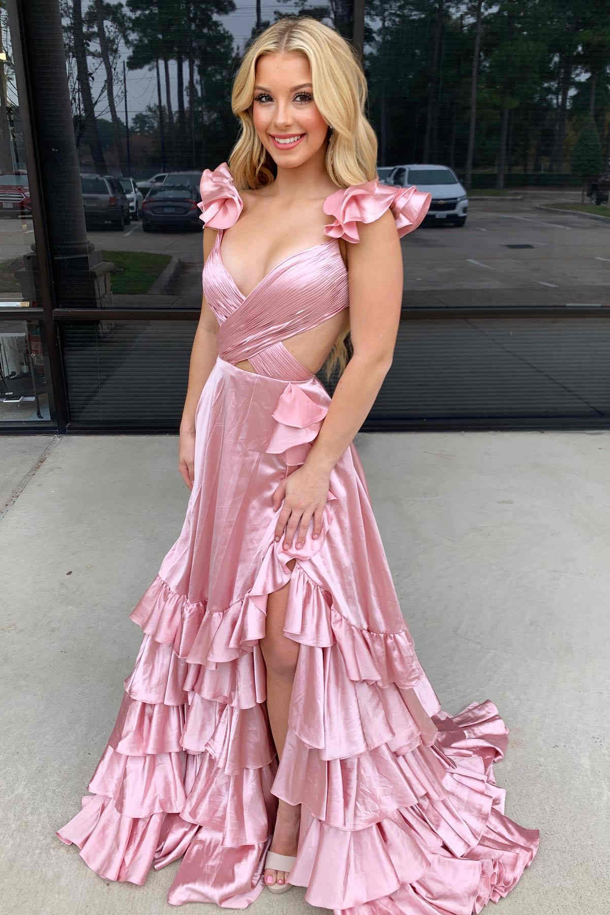 Red Cutout Ruffle A-Line Long Prom Dress with Slit