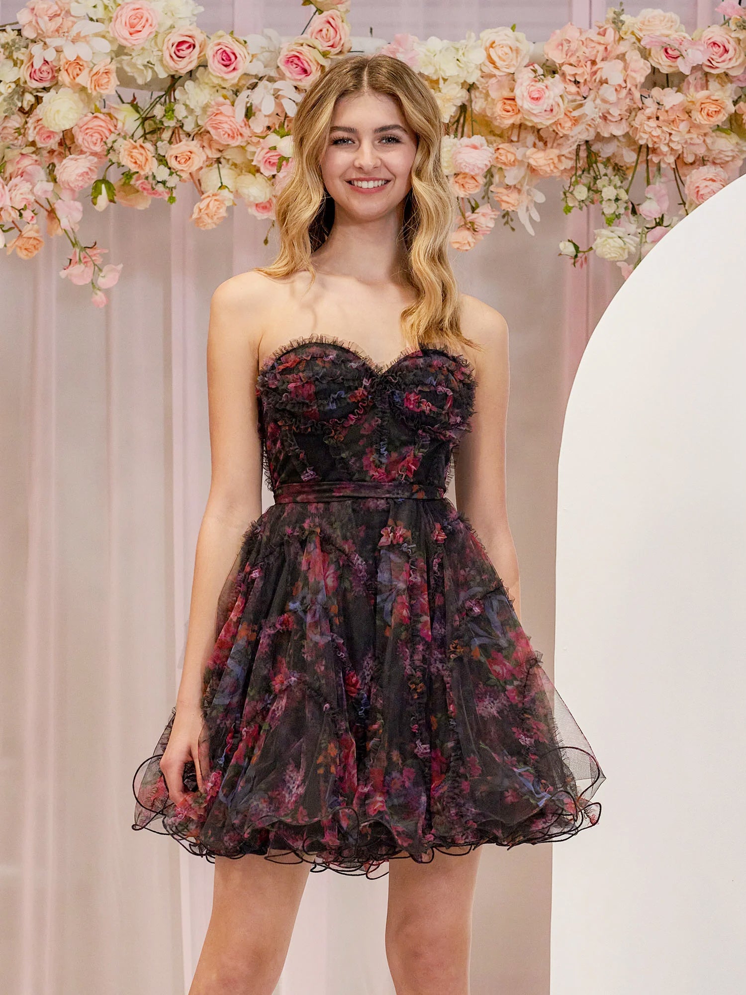 Pink A Line Strapless Floral Homecoming Dress