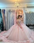 Pink Off-the-Shoulder Lace-Up Back Quinceanera Dress Ball Gown