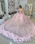 Pink Off-the-Shoulder Lace-Up Back Quinceanera Dress Ball Gown