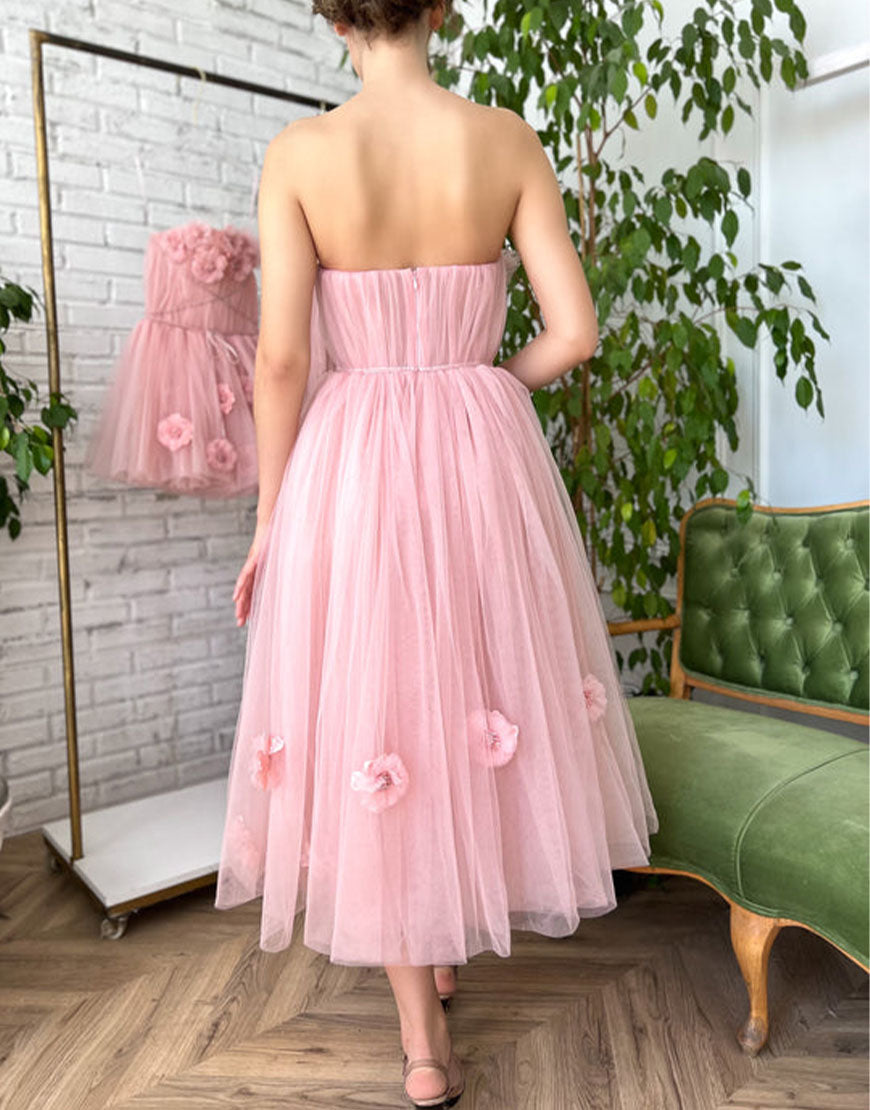 Princess Strapless Light Pink Prom Dress with Flowers