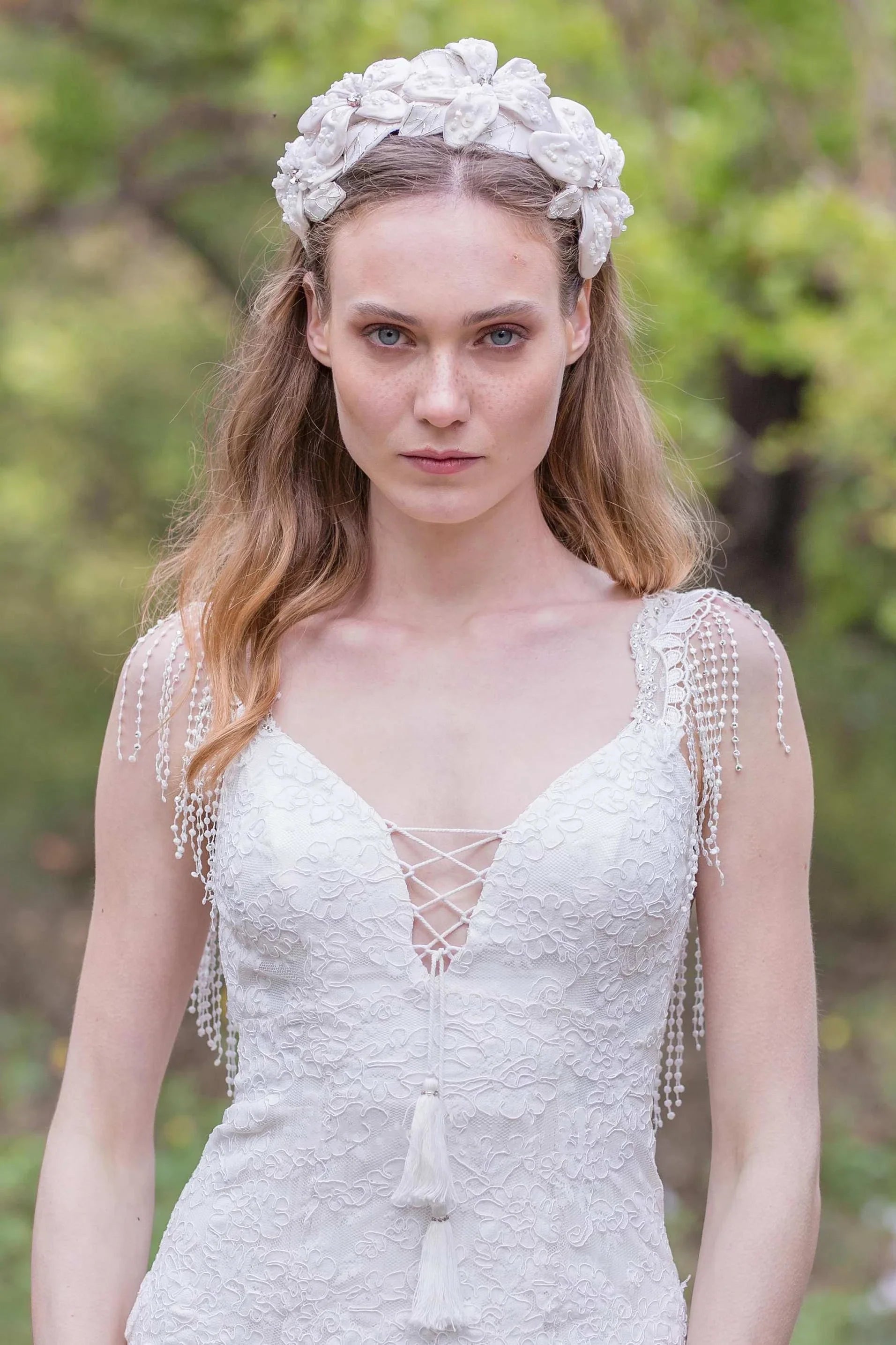 Plunged A-Line Pleated Wedding Dress With Appliques And Beading