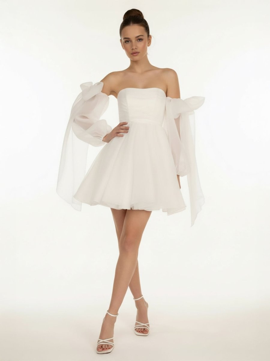 KissDress-Ronnie  A-Line Puff Long Sleeves Short Wedding Dresses With Bows