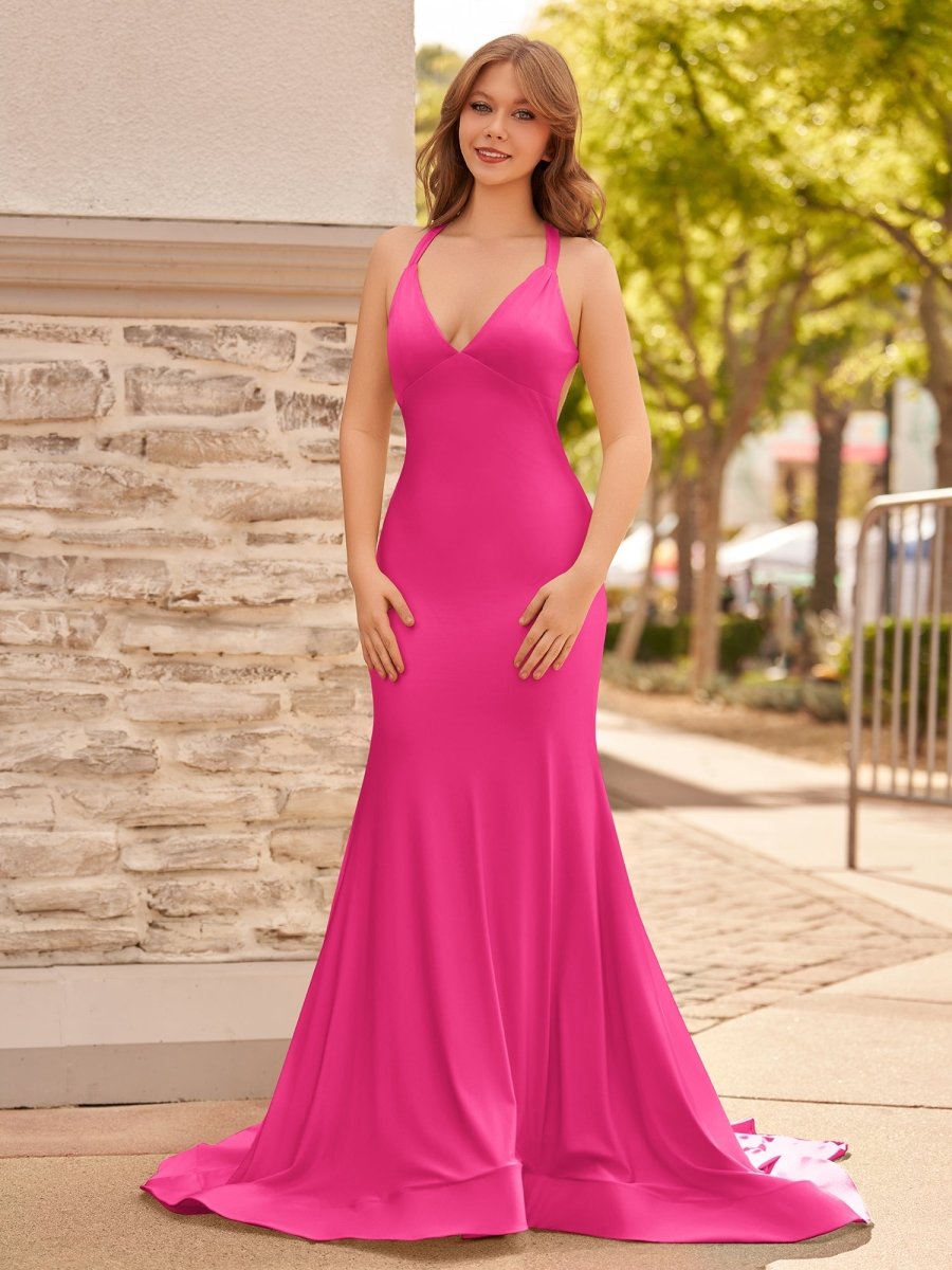 Quaylee | Yellow Mermaid V - Neck Satin Prom Dresses With Tail Evening Dress - KissProm