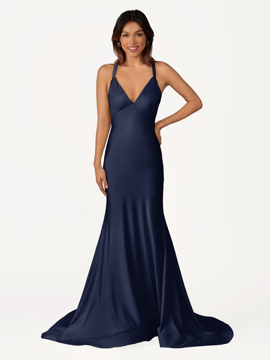 Quaylee | Yellow Mermaid V - Neck Satin Prom Dresses With Tail Evening Dress - KissProm