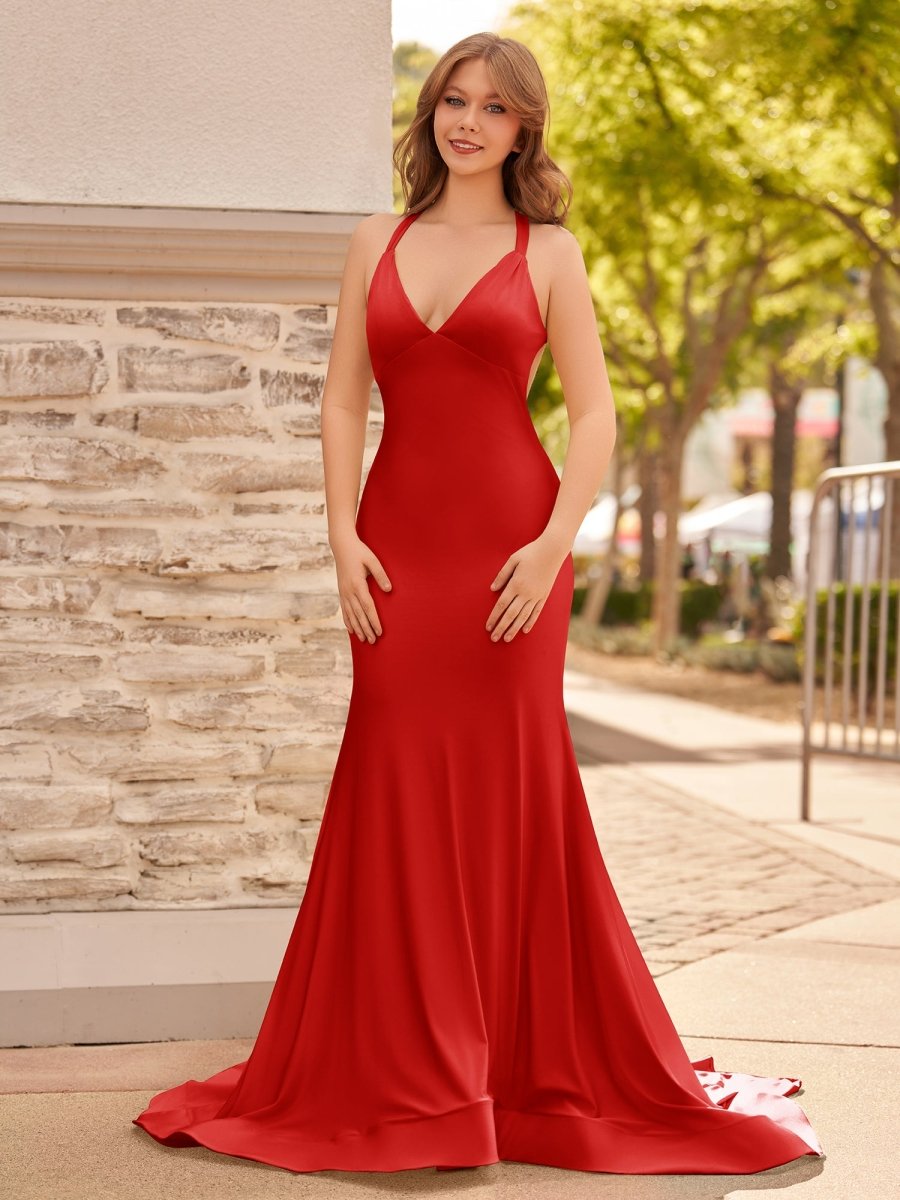 Quaylee | Yellow Mermaid V - Neck Satin Prom Dresses With Tail Evening Dress - KissProm